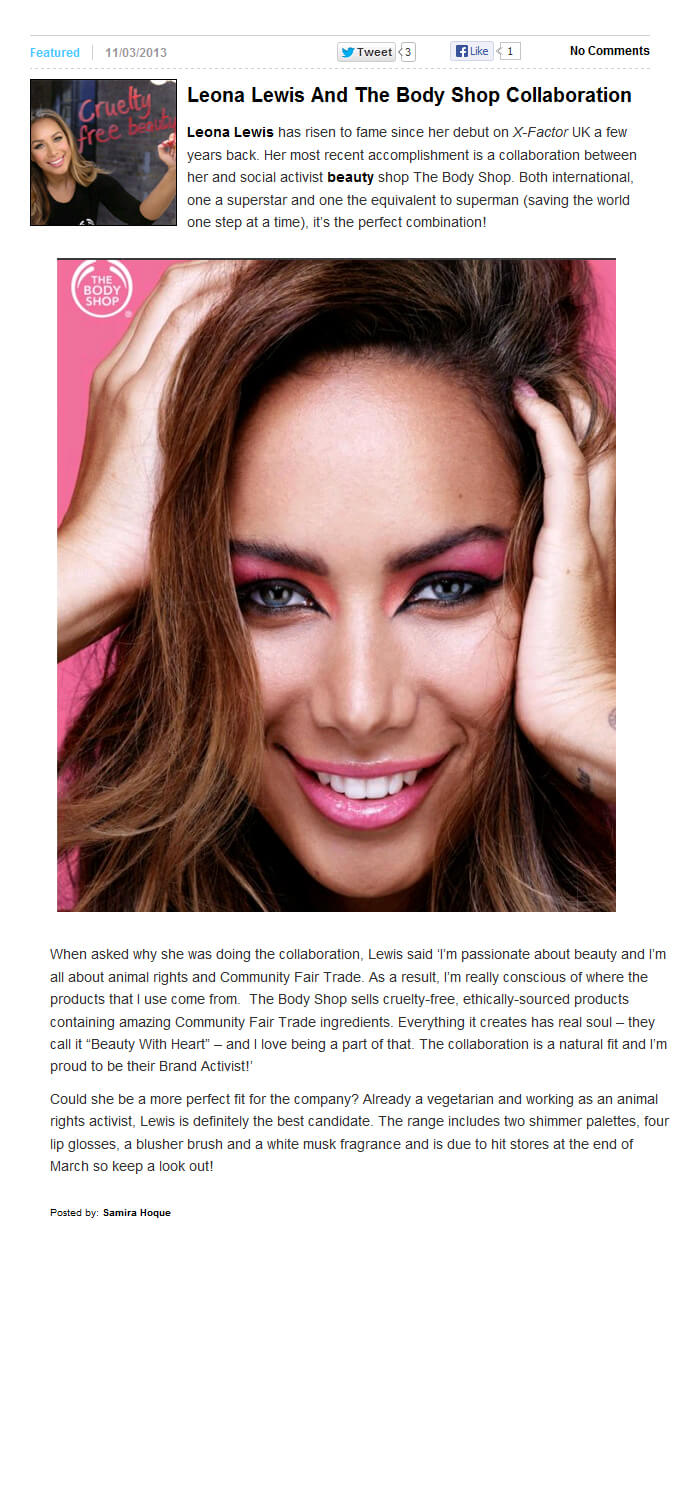Photo of Leona Lewis x Bodyshop from 2threads.com
