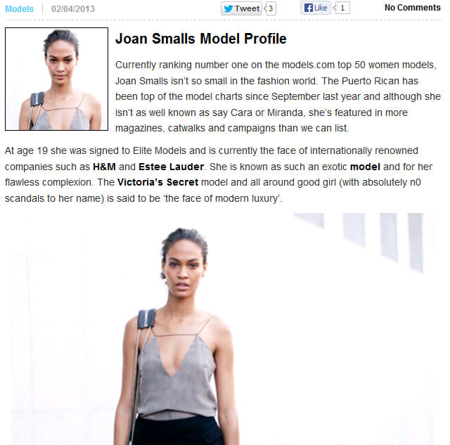 Photo of Model Profile: Joan Smalls from 2threads.com