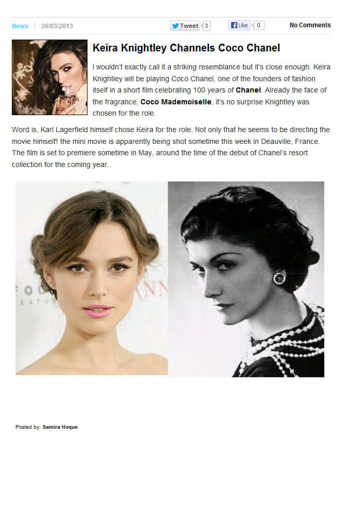 Photo of Kiera Knightly Channels Coco Chanel from 2threads.com
