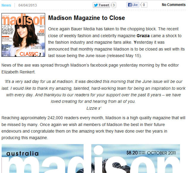 Photo of Madison Magazine to Close from 2threads.com