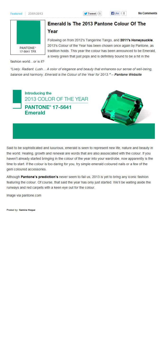 Photo of 2013 Pantone Colour of the Year from 2threads.com