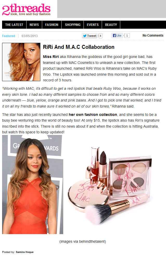 Photo of Rihanna x MAC collaboration from 2threads.com