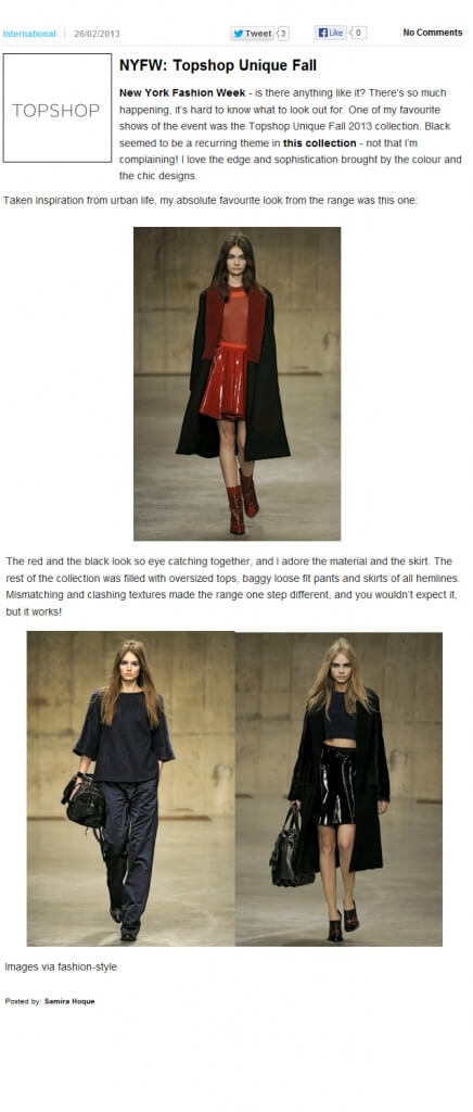 Photo of NYFW: Topshop Unique Fall from 2threads.com